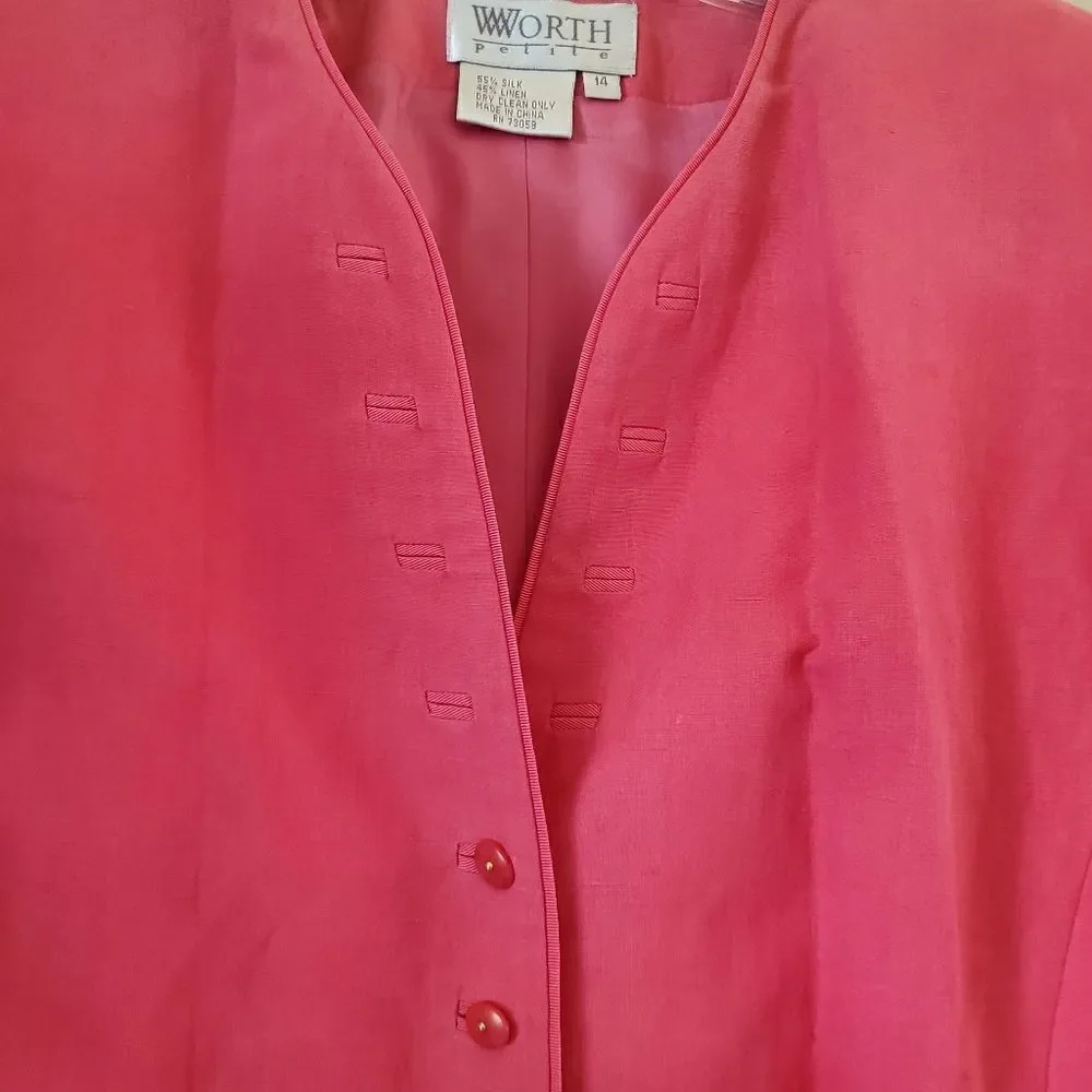Vtg WORTH Petite Women's Pink  Blazer Silk & Linen-Blend  Size 14 Preppy‎